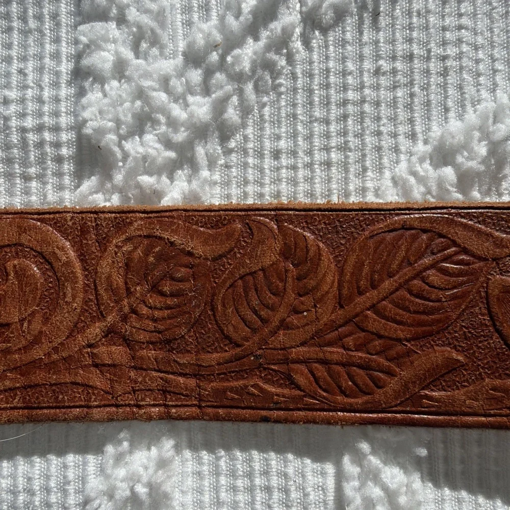 Cowboy Western Belt Boys 26 Brown Leather Excellent Copper Floral Buckle